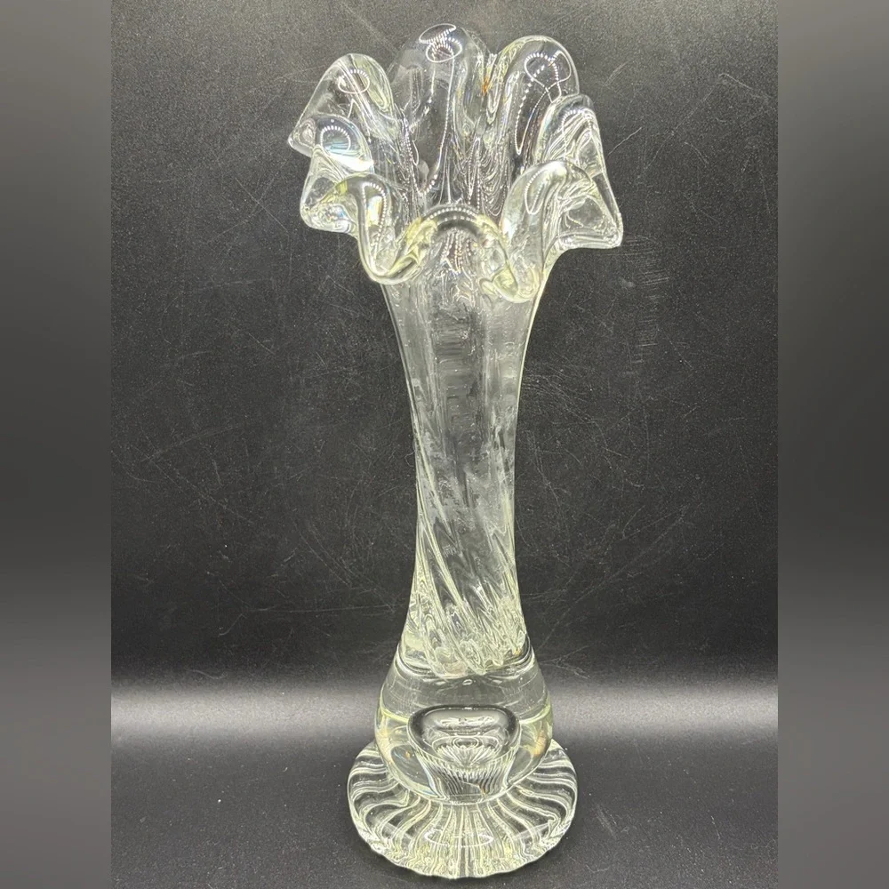 Vintage Mid Century Swung Glass Vase Chunky Ruffled Thick Walled Vessel Decor - Picture 5 of 14